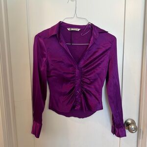 Zara Purple Satin Ruched Button-Down Top